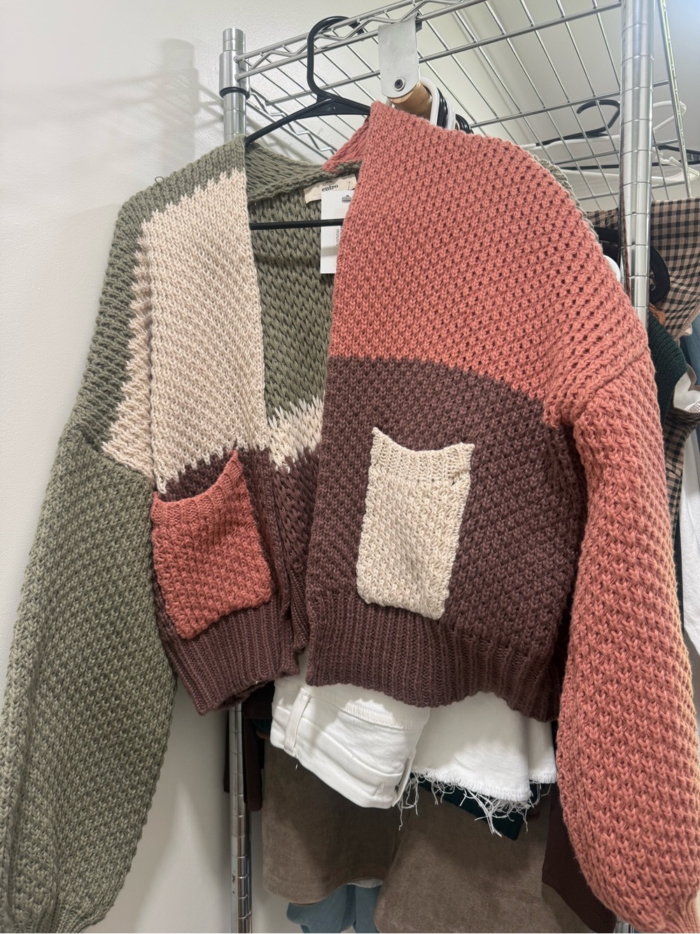 entro Chunky Colorblock Pocket Cardigan - Olive Green, Mauve, Brown, Cream
